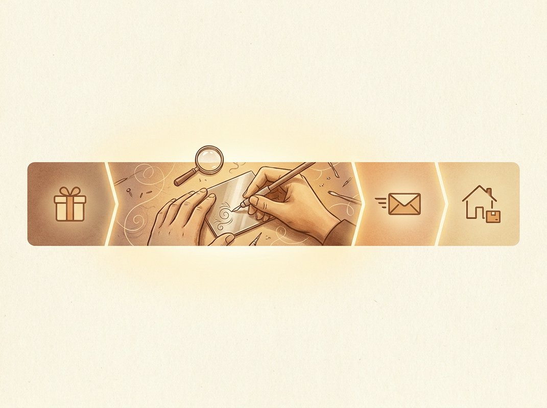 A hand holding an engraved item up to the light, checking the depth and clarity of the personalisation before approval